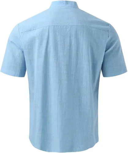 Vista 3 de Camisas de lino de algodón con cuello de banda, camisas casuales de manga corta con botones, ajuste delgado, para verano, playa, con bolsillo