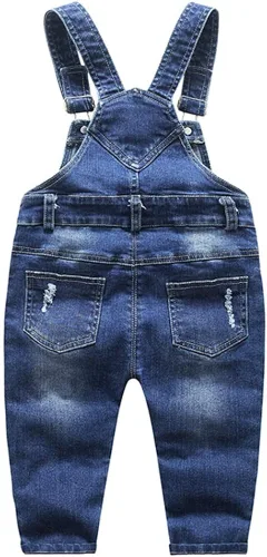 Vista 2 de KIDSCOOL SPACE Overol de mezclilla para bebé niña y niño, con bolsillo para babero para niño pequeño