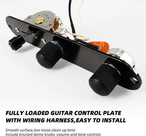 Vista 2 de Placa de control de guitarra totalmente cargada, interruptor de 3 vías precableado, 250 K, grandes potenciómetros moleteados, controles de tono
