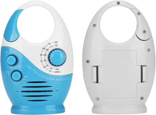 Vista 6 de AM FM Radio portátil tipo gancho portátil Radio música ducha altavoz azul ducha radio funciona con batería analógica radio auricular pequeño