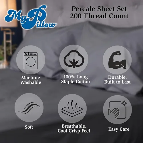 Vista 4 de MyPillow Juego de sábanas de percal – 100% algodón, 200 hilos, tamaño Queen, bolsillo profundo, sensación fresca y crujiente, duradero, juego