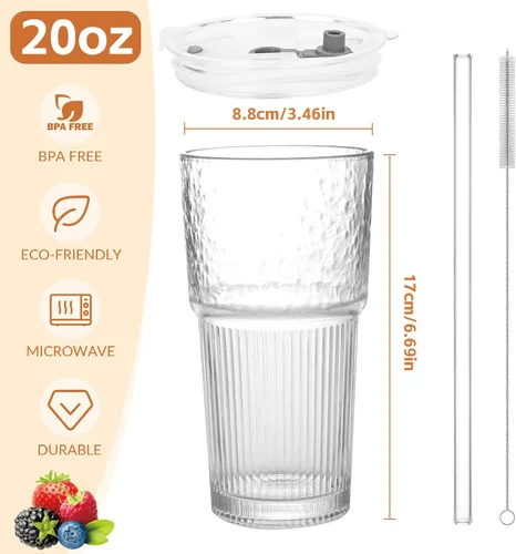 Vista 2 de Tazas de vidrio de 20oz con tapas y pitillos, 2 piezas de tazas de vidrio con tapas y pitillos, tazas de café helado con tapa, vasos para jugo