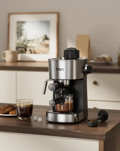 Vista 7 de HBN Máquina de café expreso, cafetera de 3.5 bar para capuchino y café con leche, cafetera de acero inoxidable de 2 a 4 tazas con espumador