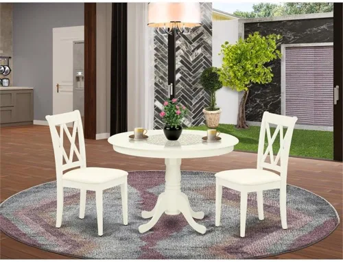 Vista 2 de East West Furniture HLCL3-LWH-C - Juego de comedor de 3 piezas que contiene una mesa de comedor redonda con pedestal y 2 sillas de cocina de tela