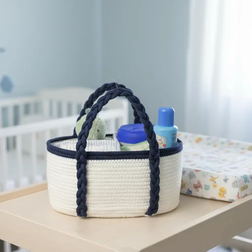 Vista 8 de Organizador de pañales portátil para cambiador, regalos de baby shower, artículos esenciales para recién nacidos, cuerda de algodón, cesta de Blanco