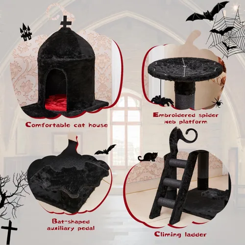 Vista 6 de YARUOMY - Árbol gótico para gatos con cama de ataúd, torre para gatos de 55" con amplio condominio para gatos, postes para rascar, bola colgante