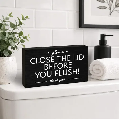 Vista 3 de 3x5 Bathroom Wooden Block Sign, Please Close Lid Before Flushing, Black