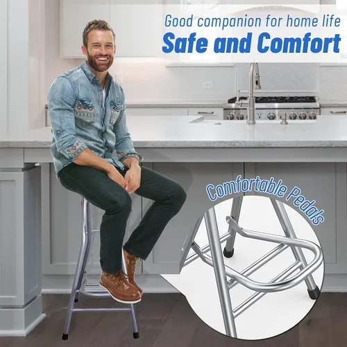 Vista 4 de Be&xn Taburetes plegables para adultos, portátil, taburete plegable de 28 pulgadas, resistente, taburetes de bar altos para interiores con asa Azul