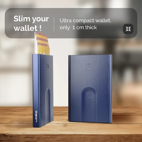 Vista 27 de ÖGON -DESIGNS- Tarjetero automático de aluminio, protección RFID contra fraude y desmagnetización, cartera delgada y minimalista para hombres