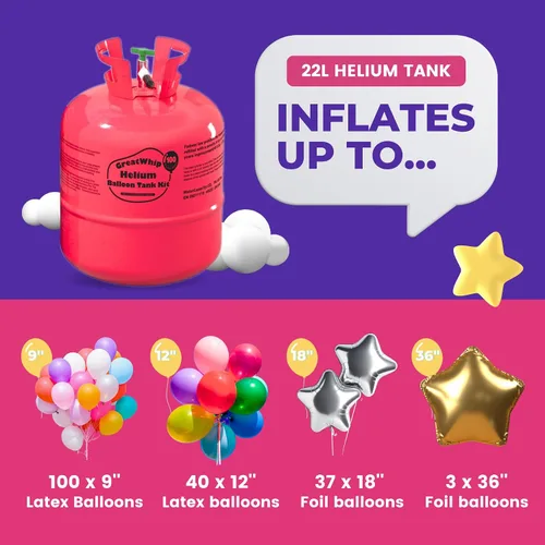 Vista 2 de GreatWhip Tanque de helio de 22L hasta 100 globos de látex, tanque de helio para globos en casa, globos de látex y cintas incluidos