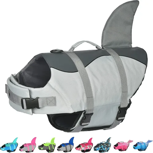 Vista 21 de Dogcheer - Chaleco salvavidas para perros, lindo diseño de tiburón para natación y navegación con flotabilidad superior y asa de rescate, chaleco