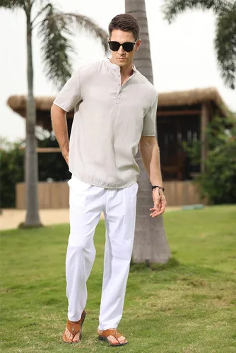Vista 9 de EndoraDore Pantalones de lino de algodón para hombre, pantalones deportivos ajustados, pantalones elásticos para entrenamiento atlético, pantalones