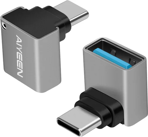 Vista 10 de Adaptador USB C a USB (paquete de 2), adaptador USB-C macho de 45 grados a USB 3.0 hembra OTG convertidor compatible con MacBook Pro 2019/2018