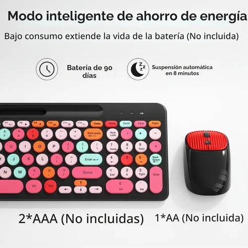 Vista 3 de Combo de teclado y mouse inalámbricos estilo máquina de escribir retro con teclas redondas, teclado inalámbrico USB compacto de 2.4GHz bonito