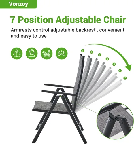 Vista 5 de Juego de 2 sillas plegables para patio, sillas de patio al aire libre con asiento acolchado de algodón de textileno suave y respaldo ajustable de 7
