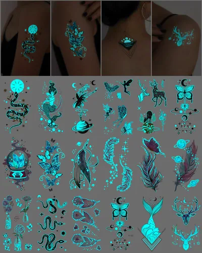 Vista 11 de 20 hojas de tatuajes temporales de mariposa que brillan en la oscuridad para mujeres, flores luminosas, mariposas, alas de tatuaje, calcomanías