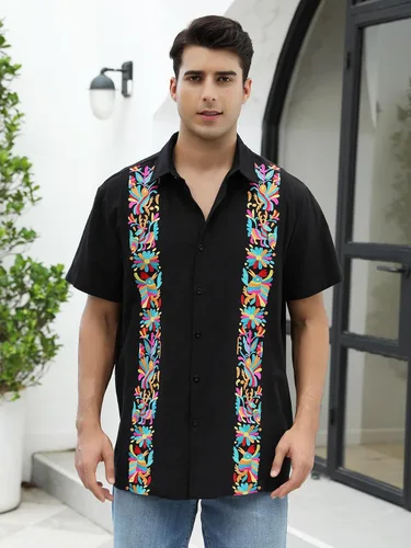 Vista 2 de Camisas mexicanas para hombre, camisa de manga corta bordada con botones y cuello de guayabera tradicional Alebriges Negro