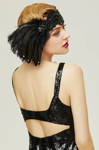 Vista 4 de BABEYOND Diadema tipo flapper de los años 20, accesorio de Gatsby de plumas negras