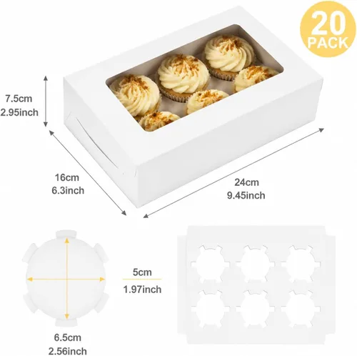 Vista 2 de Pralb Paquete de 20 cajas blancas para cupcakes con insertos, 6 soportes, cajas blancas estándar de panadería con ventana de PVC, recipientes