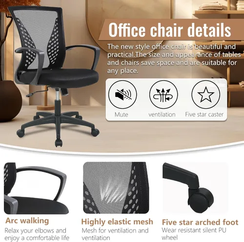 Vista 6 de Silla de oficina FDW para el hogar, con respaldo de altura media, para computadora, con soporte lumbar giratorio, ajustable, para trabajo, Negro