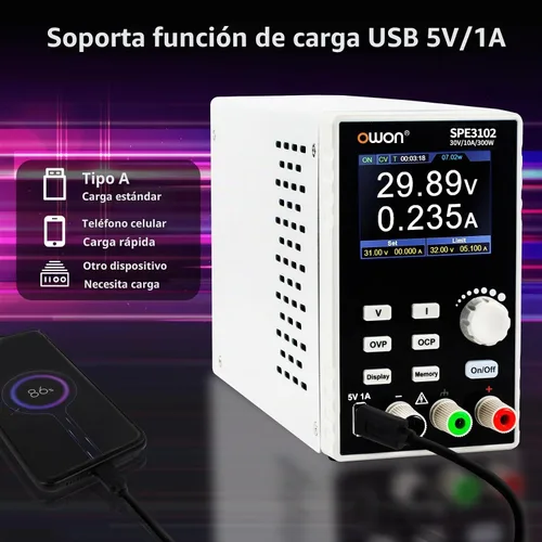 Vista 4 de OWON Fuente de alimentación de laboratorio (0-30V 0-10 A), fuente de alimentación CC de banco programable de 200 W con pantalla LCD de 2.8 pulgadas