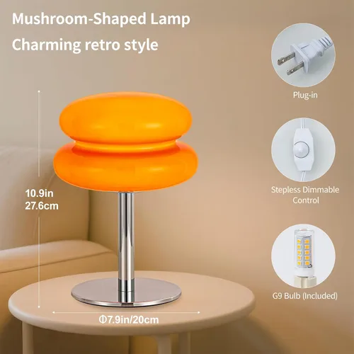 Vista 2 de Lámpara vintage de hongos, lámpara de cristal naranja con base de metal, lámpara de mesita de noche regulable para dormitorio, sala de estar