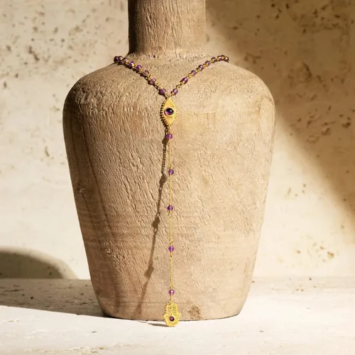 Vista 3 de KARMA AND LUCK - Spiritual Resilience - Women's 18K Gold Plated Genuine Stones Rosary Necklace Lariat Necklace with Hamsa & Evil Eye Symbol handmade