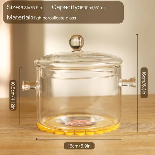Vista 3 de Olla de Vidrio Transparente para Cocinar con Tapa, Cepillo y Almohadillas Térmicas de Silicona para Estufa - 1.5L (51oz) Olla de Vidrio