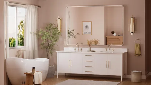 Vista 85 de TETOTE Espejo de marco dorado cepillado de 16 x 24 pulgadas, espejo de tocador de baño de latón dorado para pared, espejo enmarcado rectangular
