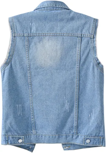 Vista 2 de JiangWu Chaleco de mezclilla corto para mujer, sin mangas, con botones, rasgado, casual, chaqueta, mezclilla-azul