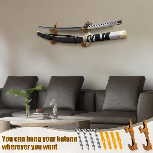 Vista 4 de Chunful 2 soportes de pared de samurái de espada Katana, 2 niveles, ámbar Soporte para katana de espada, soporte horizontal de espada, soporte