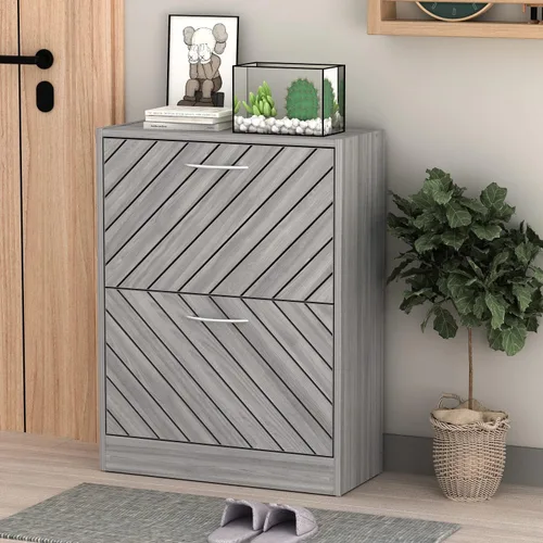 Vista 9 de Homsee Moderno armario de almacenamiento de zapatos con 2 cajones abatibles y puertas de rejilla de sarga, organizador de almacenamiento de madera