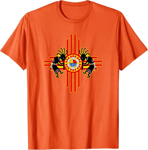 Vista 87 de Native American Kokopelli Kachina Zia Symbol 2 - Camiseta divertida para fanáticos, Negro