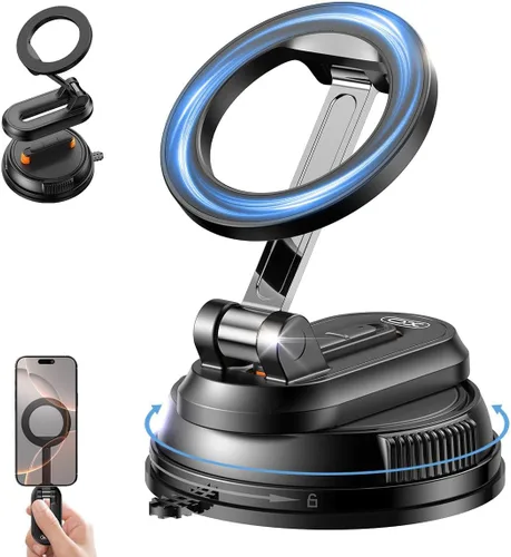 Vista 8 de Soporte magnético de succión 2 en 1 con clip y vacío, soporte de teléfono con ventosa ajustable de 360°, soporte para teléfono celular manos libres