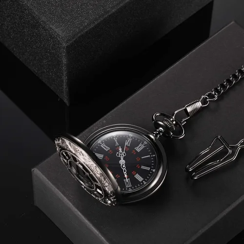 Vista 3 de Reloj de bolsillo vintage de acero para hombre con cadena, Negro