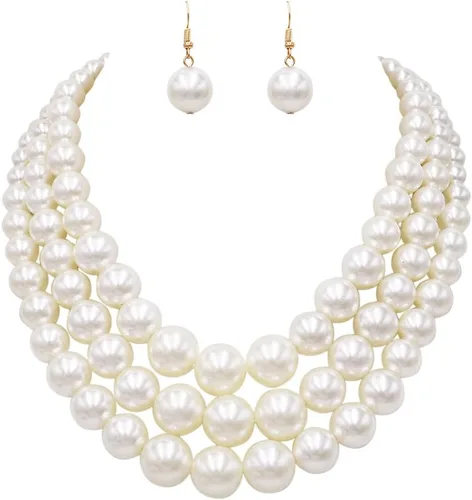 Vista 8 de Rosemarie & Jubalee Conjunto de joyería para mujer con 3 cadenas multicolores de perlas simuladas y aretes, regalo con collar, 45,7 cm + 7,6 cm