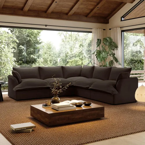 Vista 21 de Sofá modular de mezcla de lino para sala de estar, cómodo sofá modular con relleno de plumón, moderno sofá cama convertible con asiento profundo