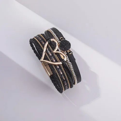 Vista 7 de FANCY SHINY Pulseras de cuero con forma de corazón, apilables, bohemias, pulseras de diamantes de imitación de resina de moda con cierre magnético