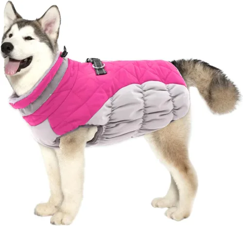 Vista 9 de Lelepet Abrigo cálido para perro, abrigo de invierno para perro, chaqueta impermeable para perros con arnés integrado reflectante de forro polar