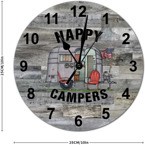 Vista 2 de Reloj de pared redondo de madera de estilo elegante, con temática de campamento, con números arábigos, funciona con pilas, silencioso, sin tictac