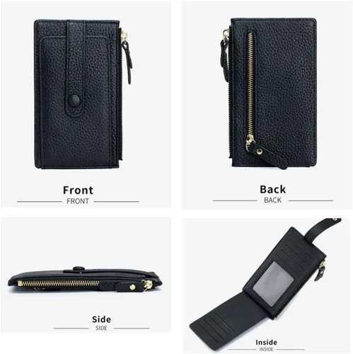 Vista 4 de Cartera delgada de piel auténtica para mujer, con tarjetero plegable para tarjetas de identificación, d1 negro
