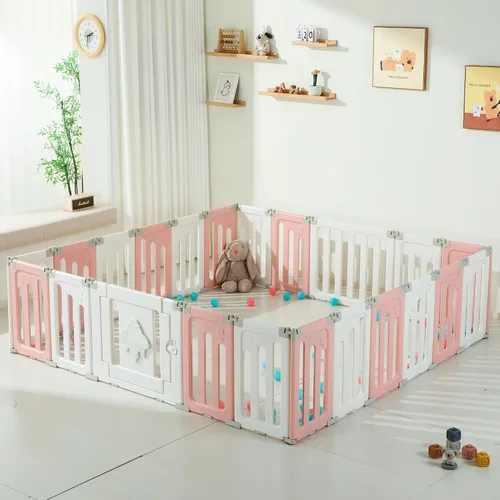 Vista 8 de Bestgame - Corralito para bebés - 14 paneles extragrandes plegables para niños pequeños, valla portátil en forma de OVNI, puerta, patio - Azul