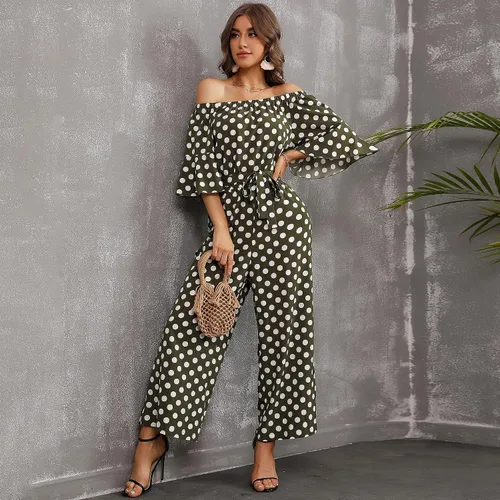 Vista 2 de Love Welove Fashion - Overol para mujer, diseño floral, hombros descubiertos, con volantes, manga corta, cintura alta, pantalones de pierna ancha