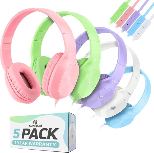 Vista 8 de Sonitum Auriculares para niños a granel para la escuela con micrófonos, paquete de 5 auriculares con cable de 0.138 in para escuelas - Cómodos Negro