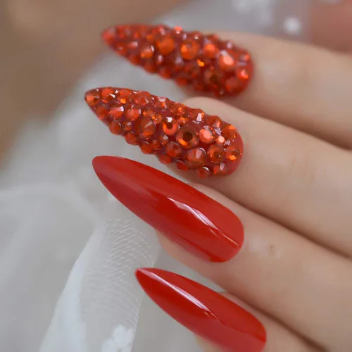 Vista 5 de Juego de 24 uñas postizas extralargas con diamantes de imitación, cobertura completa, juego de uñas postizas puntiagudas para mujer