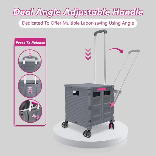 Vista 3 de Carrito plegable con ruedas giratorias, tapa magnética extendida, mango telescópico, ángulo ajustable para transportes, comestibles, oficina Gris