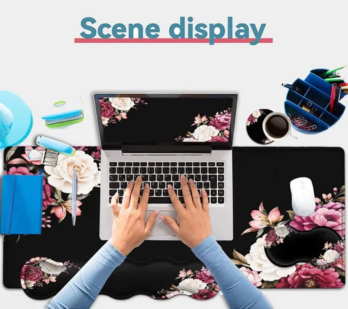 Vista 4 de Alfombrilla de mouse negra, juego de alfombrillas de mouse para teclado, alfombrilla de mouse extendida para juegos + soporte para reposamuñecas