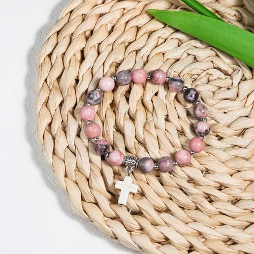 Vista 2 de Regalos cristianos para mujeres, hombres, pulsera elástica de cuentas cruzadas católicas religiosas, regalos de joyería curativa de piedra natural