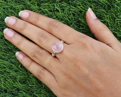 Vista 7 de Anillo de plata de cuarzo rosa Anillo de cuarzo rosa redondo natural Plata de ley 925 Joyería hecha a mano