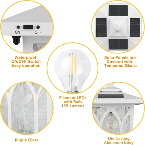 Vista 3 de ST4328Q-W - Lámpara solar de poste exterior de aluminio fundido blanco con montaje de pire de 3 pulgadas para poste, pilar, patio, jardín, paisaje